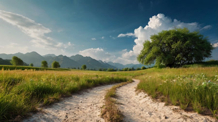 Panoramic view of a dirt road through a meadow in the mountainsの写真素材