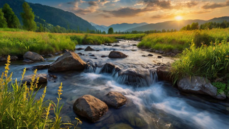 Mountain river at sunset. Beautiful summer landscape with mountain river.の写真素材
