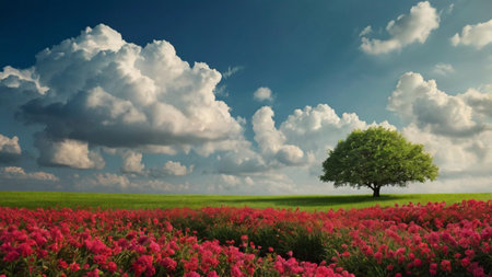 Beautiful spring landscape with red poppies field and lonely treeの写真素材