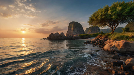 Beautiful sunset over the sea in Krabi, Thailand. Panoramaの写真素材