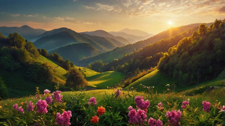 Beautiful summer landscape with rhododendron flowers in the mountains at sunset
