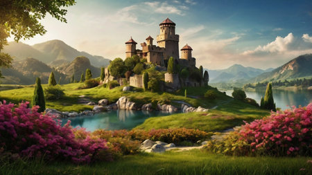 Fantasy landscape with a medieval castle on the lake. 3d renderingの写真素材