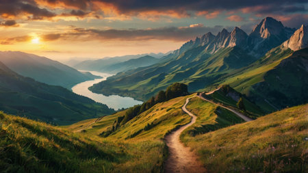 Sunset in the Alps. Panoramic view of the lake.の写真素材