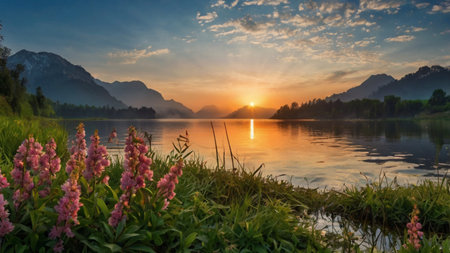 Sunset over a lake in the Bavarian Alps, Germany.の写真素材
