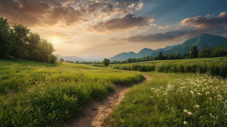 Beautiful summer landscape with green meadow and mountains in the backgroundの写真素材