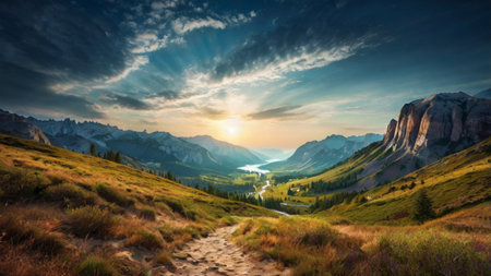 Panoramic view of Dolomites at sunrise, Italy.