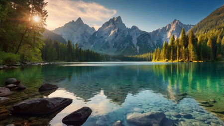 Fantastic panoramic view of the mountain lake. Beauty world.