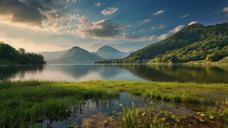 Panoramic view of beautiful lake in the mountains. Beautiful summer landscape.の写真素材