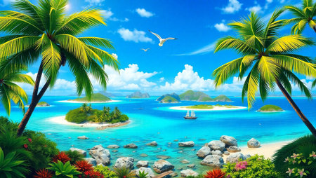 Tropical island with palm trees, blue sky and seagulls