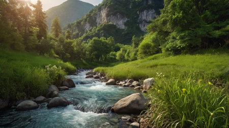 Mountain river in the mountains. Beautiful summer landscape. Mountain river in the mountains.