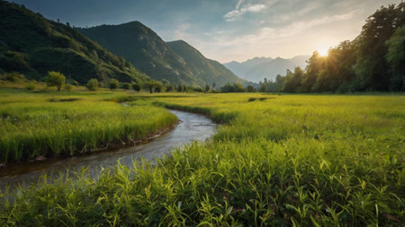 Panoramic view of the mountain river and green meadow at sunset