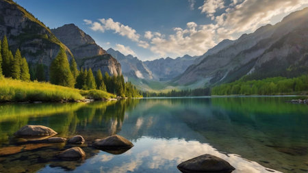 Beautiful alpine lake with reflection of mountains in the water.の写真素材