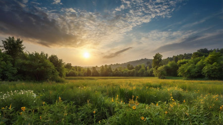 Sunset over the meadow. Nature composition. Panorama.の写真素材