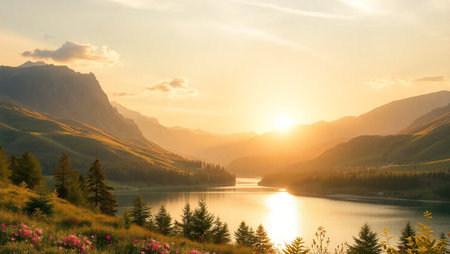 Mountain lake at sunset. Beautiful summer landscape with mountain lake.の写真素材