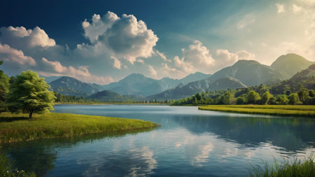 Beautiful summer landscape with mountain lake and blue sky with clouds.の写真素材