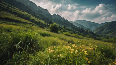 Meadow with yellow flowers on the background of mountains and cloudsの写真素材