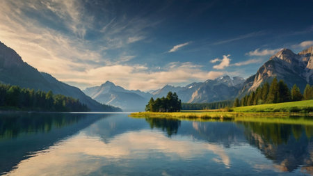 Mountain lake in Dolomites, Italy. Panoramic viewの写真素材