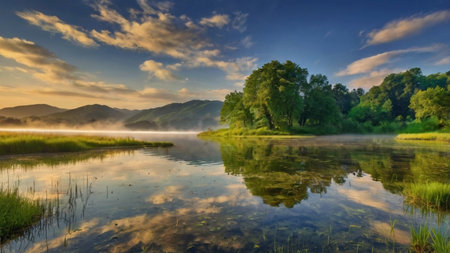 Foggy morning on the lake. Beautiful summer landscape with fog.の写真素材