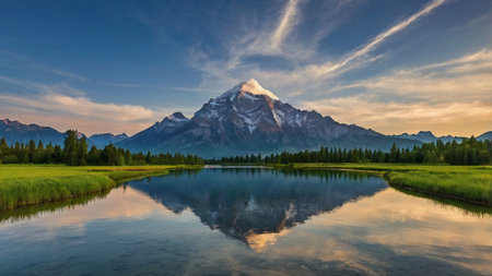 Mountains reflected in a lake at sunriseの写真素材
