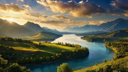 Mountain lake at sunset. Beautiful summer landscape in the mountains.の写真素材