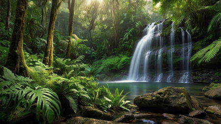 Waterfall in the rainforest. Beautiful waterfall in the rainforest.の写真素材