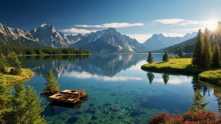 Beautiful alpine lake with clear water and reflection of mountains.の写真素材