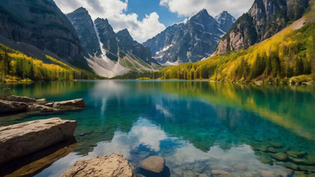 Beautiful alpine lake with reflection of mountain peaks in the waterの写真素材