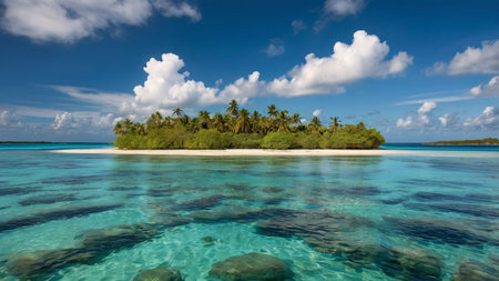 tropical beach in Maldives with few palm trees and blue lagoon