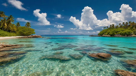Panorama of beautiful beach at Seychelles - nature backgroundの写真素材