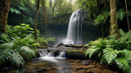 Beautiful waterfall in the tropical rainforest. Nature landscape background.