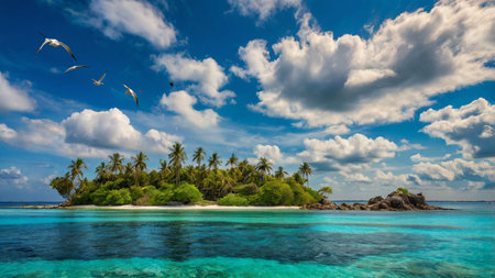 Panoramic view of tropical island with palm trees and seagulls