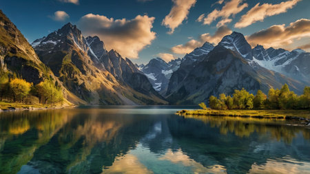 Beautiful alpine lake. Reflection of mountains in water.