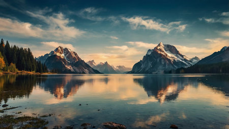 Mountain lake with reflection of mountains in the water at sunset.の写真素材