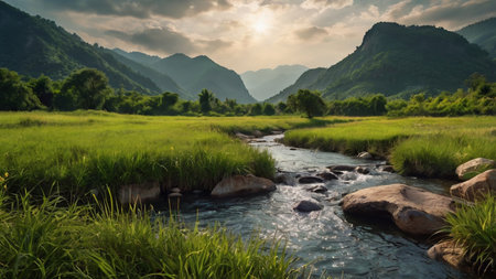 Mountain landscape with river and green meadow in the morning.の写真素材