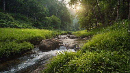 Mountain stream with green grass in the morning. Nature background.の写真素材