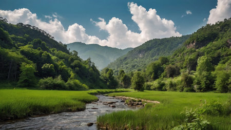 Beautiful landscape of green rice field and mountain river under blue sky