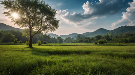 Landscape of green rice field with tree and mountain at sunset.の写真素材