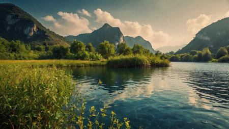 Beautiful summer landscape with river and mountains. Dramatic sunset sky.