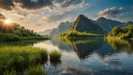 Landscape view of karst mountains and river at sunset.の写真素材