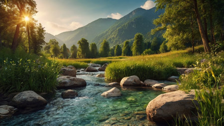 Beautiful mountain river in the forest at sunset. Summer landscape.