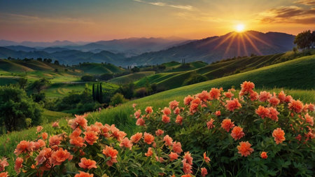 Beautiful sunrise over the hills.の写真素材