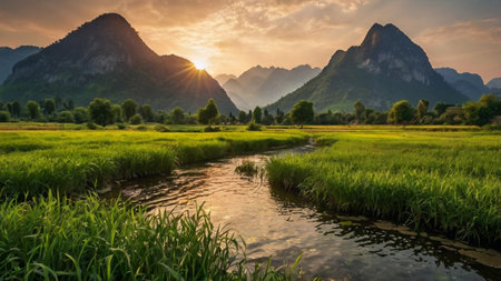 Rice field and mountains at sunsetの写真素材