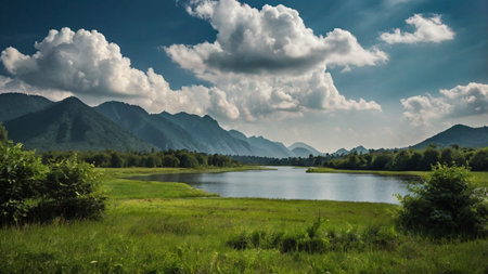 Beautiful summer landscape with mountain lake and clouds in the sky.の写真素材