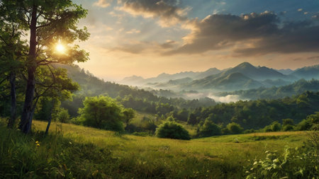 Sunrise in the mountains. Beautiful summer landscape with green meadow and forest.の写真素材