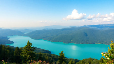 Panoramic view of turquoise lake in mountains at sunny dayの写真素材