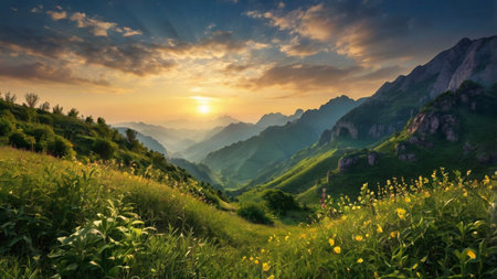 Sunset in the mountains. Panoramic view of the meadow at sunset.の写真素材
