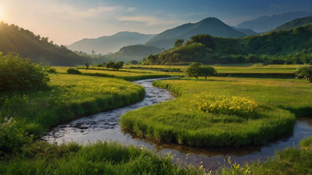 Landscape of rice field and river in the morning at sunset.の写真素材