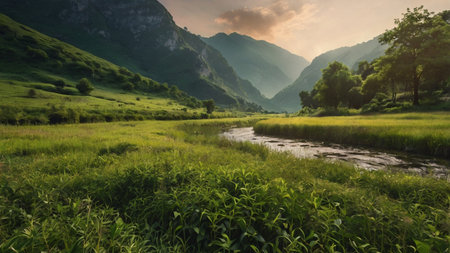 Beautiful summer landscape with river and mountains in the background at sunsetの写真素材