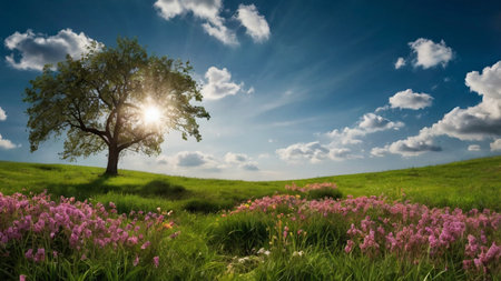 Lonely tree in the meadow with pink flowers and blue sky