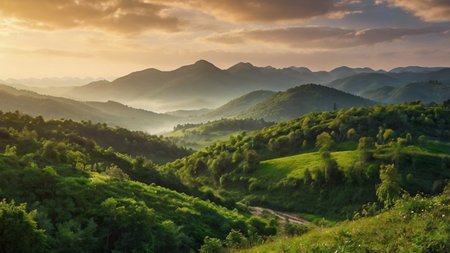 Sunset over the mountains in summer. Landscape with green hills.